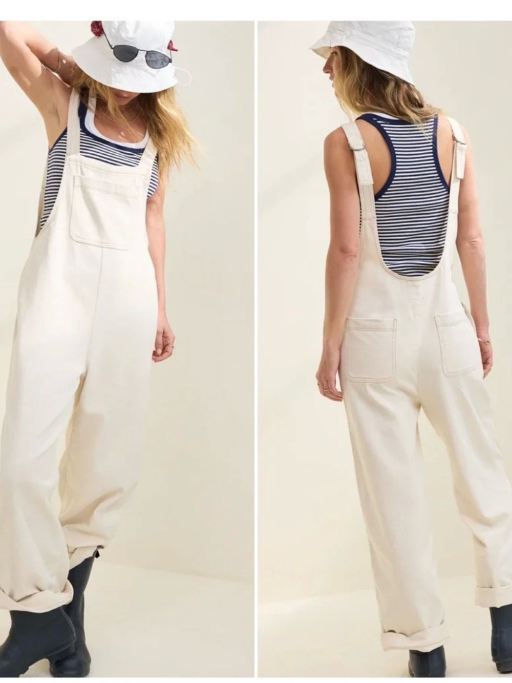 aerie Cream Casual Wide-Leg Denim Overalls
